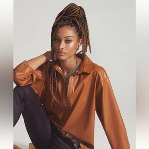 By Anthropologie Faux Leather Shirt, brown, size M